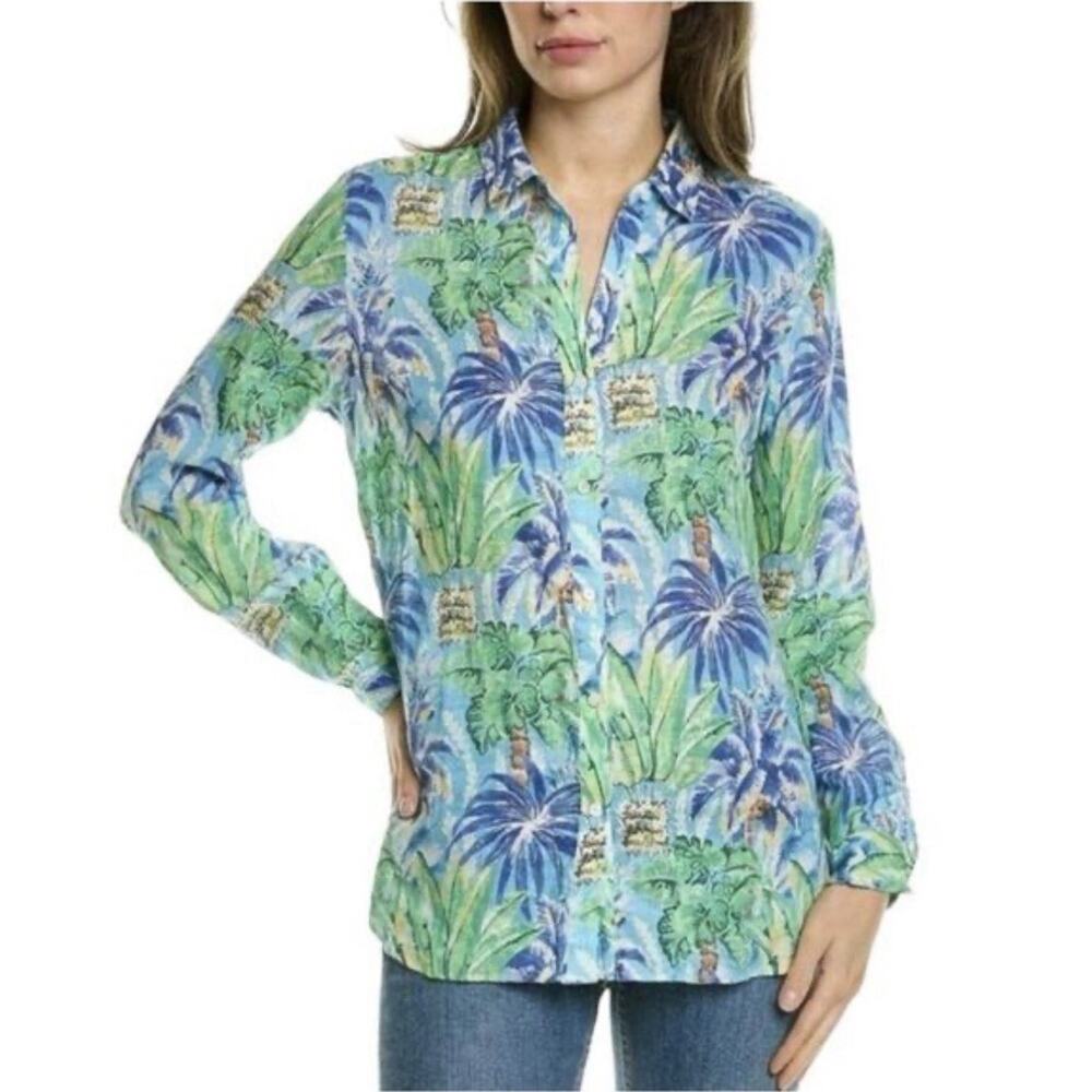 J.‎ McLaughlin Women's Linen Floral Palm Button Up Shirt Size Large